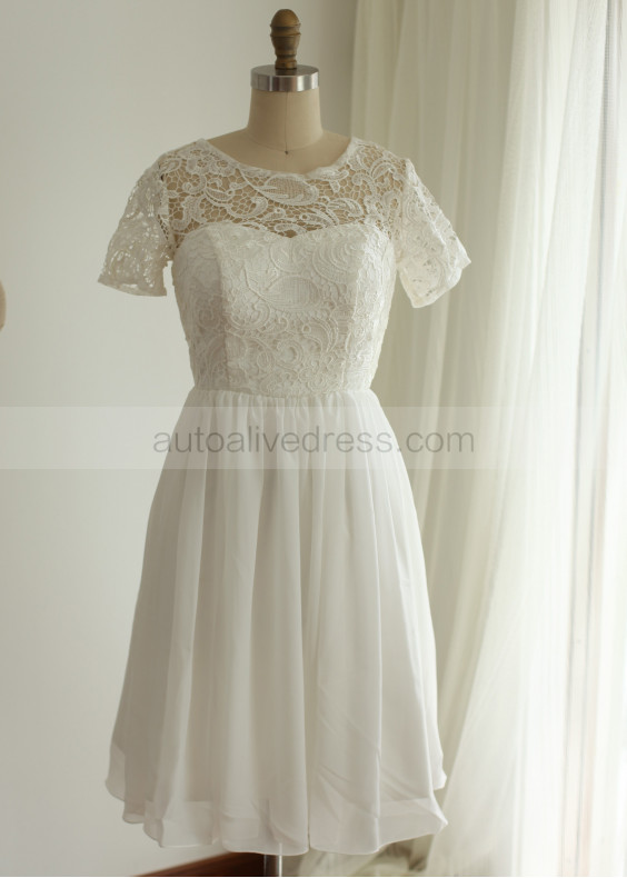 Lace Chiffon Short Sleeves Knee Length Wedding Dress